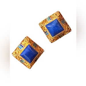 Antique Chinese export filagree Lapis gold plt sterling silver enameled earrings