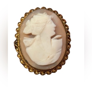 Vintage carved shell cameo in pinchbeck gold frame brooch