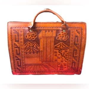 Vintage Aztec Mexico Tooled tan leather briefcase stunning!