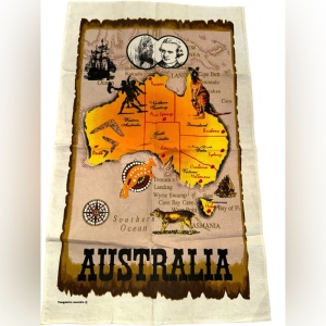 Vintage tea towel 20x32” Australia Linen mid century kitchen