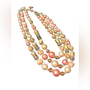 Vintage 1960s pink pastel faux pearl and fancy bead multi strand necklace