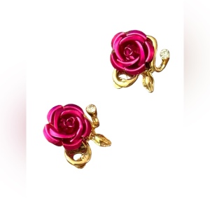 Fancy pink rose & rhinestone gold finish pierced earrings