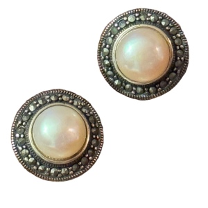 Sterling silver CFJ 925 Marcasite pearl earrings