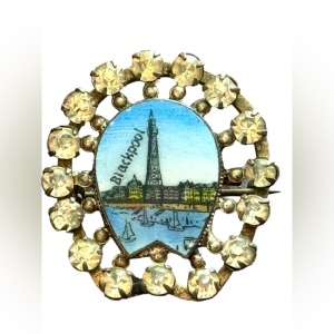 Vintage 1960s Blackpool England enameled small brooch pin rhinestones crystal