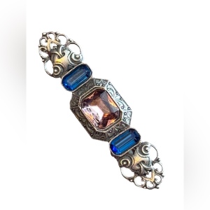 Vintage “victorian revival” fancy pink and blue glass bar brooch