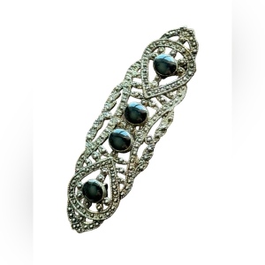 Vintage silver finish faux marcasite black enamel bar brooch “revival”