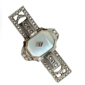 Vintage Art deco “revival” MOP mother of pearl marcasite fancy bar brooch silver