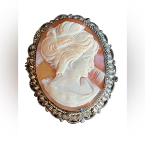 Vintage 800 silver fancy carved carnelian shell brooch pendant