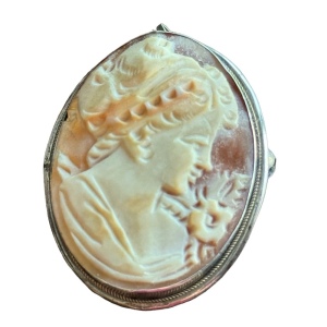 Vintage 800 silver shell carnelian cameo brooch necklace pendant hand carved