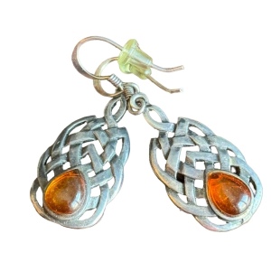 Vintage celtic braided design amber dangle earrings sterling silver 925