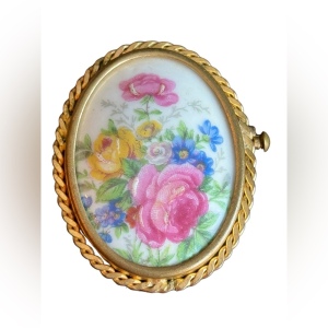 Antique Limoges Colorful oval hand painted flowers France ceramic brooch gold