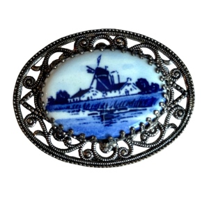 Vintage 1960s Ceramic Delft windmill blue and white ceramic brooch Holland