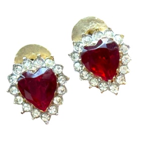 Vintage Nina Ricci red & clear crystal fancy heart clip on earrings gold finish