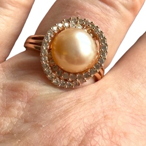 Stunning HT sterling silver 925 18K rose gold plt pearl CZ rhinestone ring