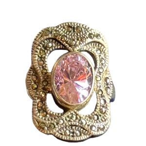 Vintage sterling silver 925 marcasite pink ice antiqued ring