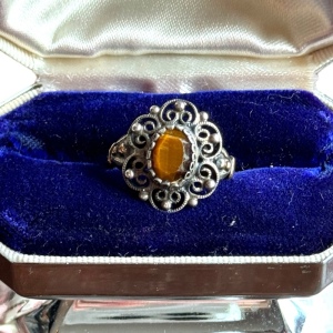 Vintage sterling gold finish tiger eye filagree ring