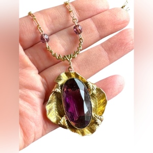 Antique Gold purple paste glass art deco leaves large pendant lavalier necklace