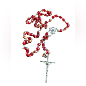 Vintage 1950s blood red crystal rosary crucifix necklace