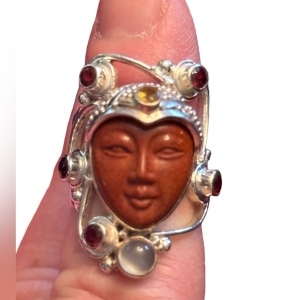 RARE Sajen Sterling silver ring goddess red jasper garnet moomstone Balenisian