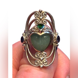 RARE Sajen Sterling silver ring goddess GREEN QUARTZITE RAINBOW Teal QUARTZ Bali