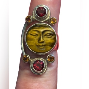 RARE Sajen Sterling silver ring moonface tiger eye moon garnet Balenisian