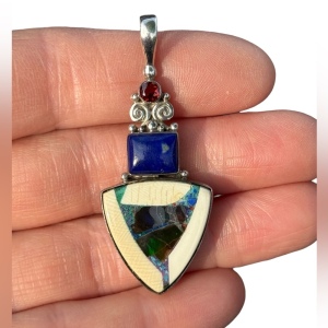 RARE Sajen 925 Sterling silver pendant Opalminlay lapis geometric pendant