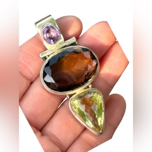 Heavy 925 Sterling silver gemstone pendant Amerhyst smokey topaz citrine