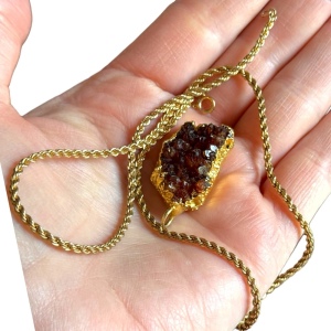 Vintage gold plate raw citrine druzy pendant & gold plt sterling rope chain