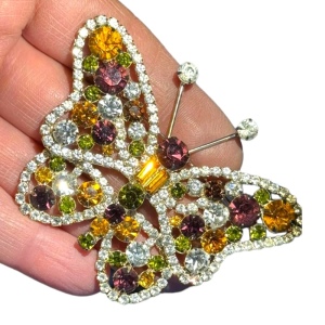 Huge Czech Czechoslovakia Pave Rhinestone Butterfly Brooch 77 mm Gold plt