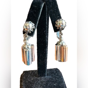 Vintage Mid Century Miriam Haskell Copper silver barrel clip on dangle earrings