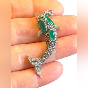 Vintage marcasite sterling silver 925 gemstone dolphin pendant