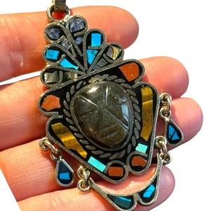 Vtg Sign Hecho en Mexico Black Onyx Carve Mayan Aztec Multi Stone Tribal Pendant