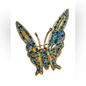 Vintage brushed gold finish colorful rhinestone crystal butterfly brooch