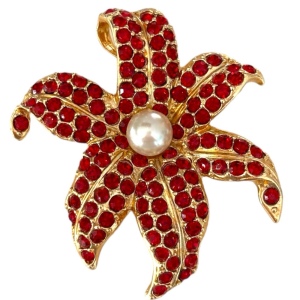 RARE Ivana Red Rhinestone Floral Brooch gold plate hawaiian flower gold 1990s