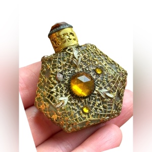 Antique Vintage Czech Ornate Glass Amber Filigree Perfume Bottle Miniature