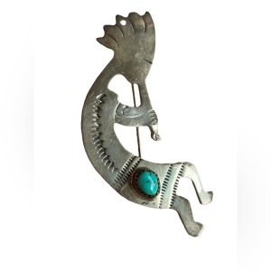 Vintage Native American Navajo Sterling Silver & Turquoise Kokopelli Pin Brooch