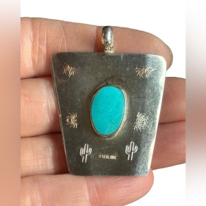 Vintage 1970s handmade sterling silver southwestern turquoise large pendant