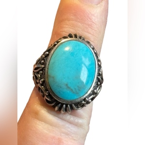 Vintage Barse sterling silver 925 ornate scrolled turquoise THAI ring