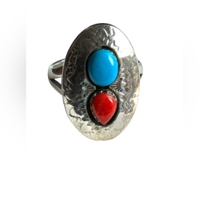 Vintage sterling silver 925 coral turquoise southwestern native american ring