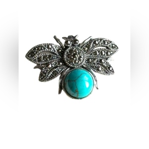 Sterling silver faux turquoise insect fly marcasite pendant southwestern style