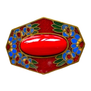 Antique enameled flower cloissone red glass fancy brooch