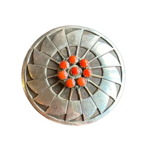 Vintage Nordic sterling silver coral round modernist brooch