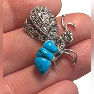 Little sterling silver insect pendant marcasite simulated turquoise