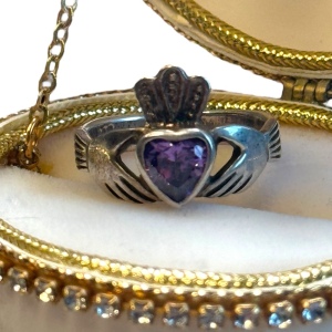 Vintage Irish Clauddagh Amethyst Ring Size 6.5 sterling silver