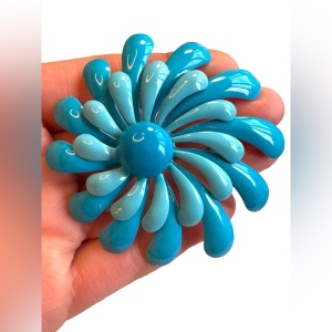 Vintage mid century Large Blue Flower metal Brooch 3”