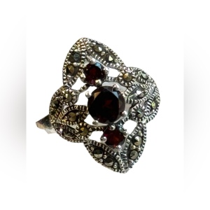 Sterling silver 925 Rhodium plated garnet fancy marcasite ring