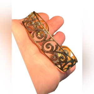 Vintage ornate scrolled STERLING gold plt cuff bracelet 3”