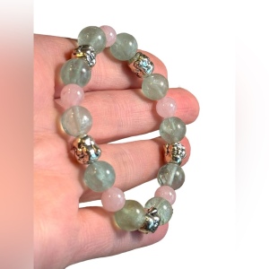 Green fluorite rose quartz Buddah Stretch bracelet 6-7”