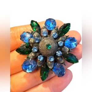 Antique Blue & Green crystal brooch 2” Aged 100 yr +