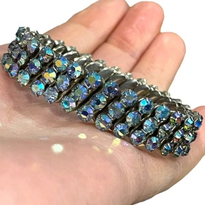 Vintage 1960s AB Blue crystal fancy silver finish bangle bracelet